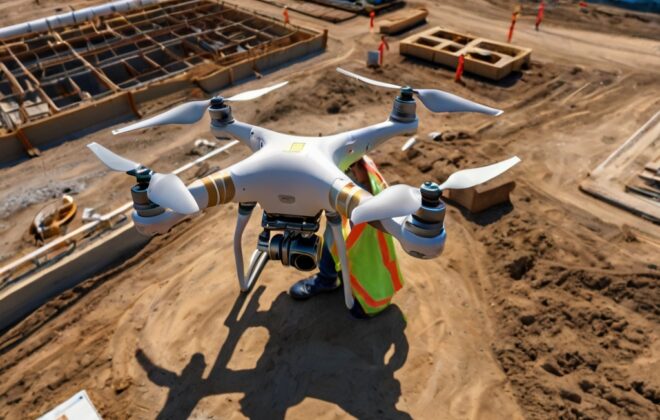 ilustrasi drone pemetaan udara untuk proyek lahan konstruksi
