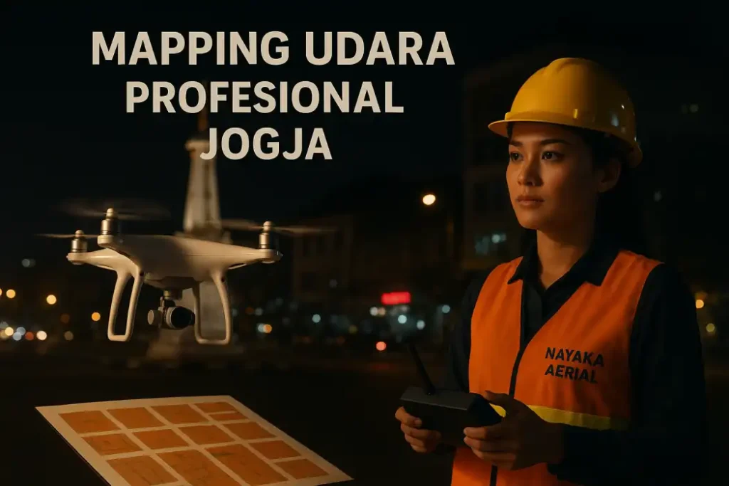 Jasa Mapping Udara Profesional Jogja: Investasi Cerdas untuk Data yang Akurat Mapping udara profesional Jogja oleh pilot drone Nayaka Aerial di malam hari dengan latar Tugu Yogyakarta