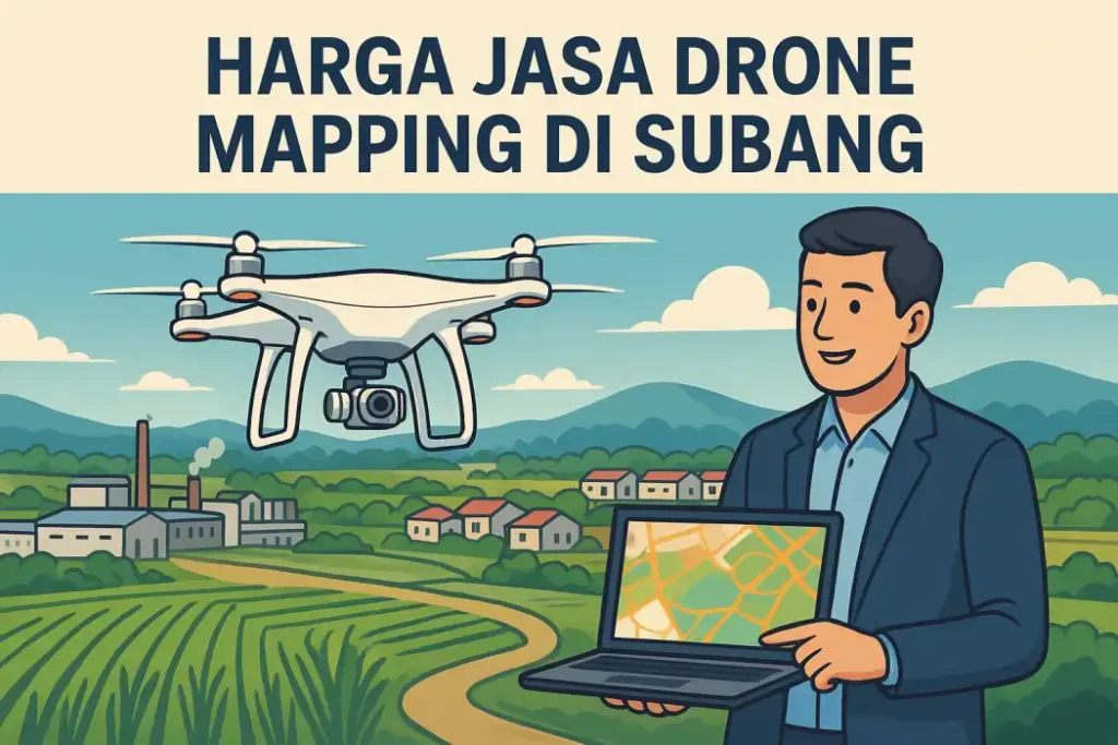 Ilustrasi drone mapping di Subang dengan operator menunjukkan hasil peta digital, menggambarkan harga jasa drone mapping di Subang