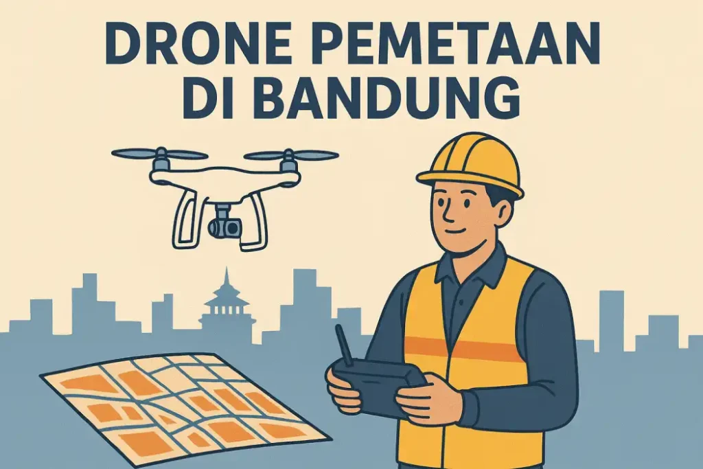 Ilustrasi drone pemetaan di Bandung dengan operator berseragam keselamatan, peta digital, dan latar kota Bandung