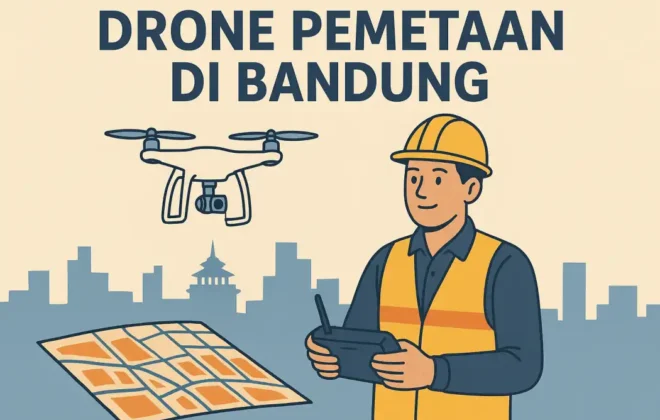 Ilustrasi drone pemetaan di Bandung dengan operator berseragam keselamatan, peta digital, dan latar kota Bandung
