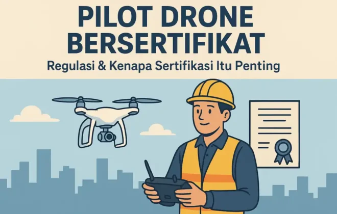 Ilustrasi pilot drone bersertifikat di Indonesia sedang mengoperasikan UAV dengan latar sertifikat resmi dan gedung kota