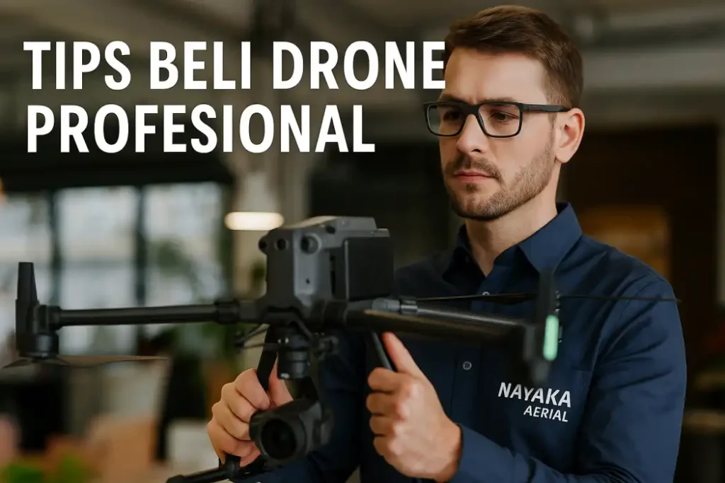 pria proyek profesional Nayaka Aerial sedang menjelaskan tips beli drone profesional dengan katalog, laptop, dan ikon hologram spesifikasi