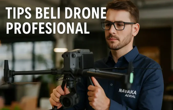 Tips Beli Drone Profesional: Panduan Tenang Sebelum Mengeluarkan Anggaran Besar pria proyek profesional Nayaka Aerial sedang menjelaskan tips beli drone profesional dengan katalog, laptop, dan ikon hologram spesifikasi