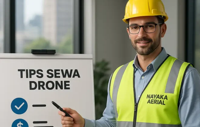 Tips Sewa Drone: 17 Langkah Anti–Kecewa (Baca Sebelum Transfer) pria proyek profesional Nayaka Aerial sedang menjelaskan tips sewa drone dengan papan presentasi berisi ikon checklist, harga, izin, dan pilot bersertifikat
